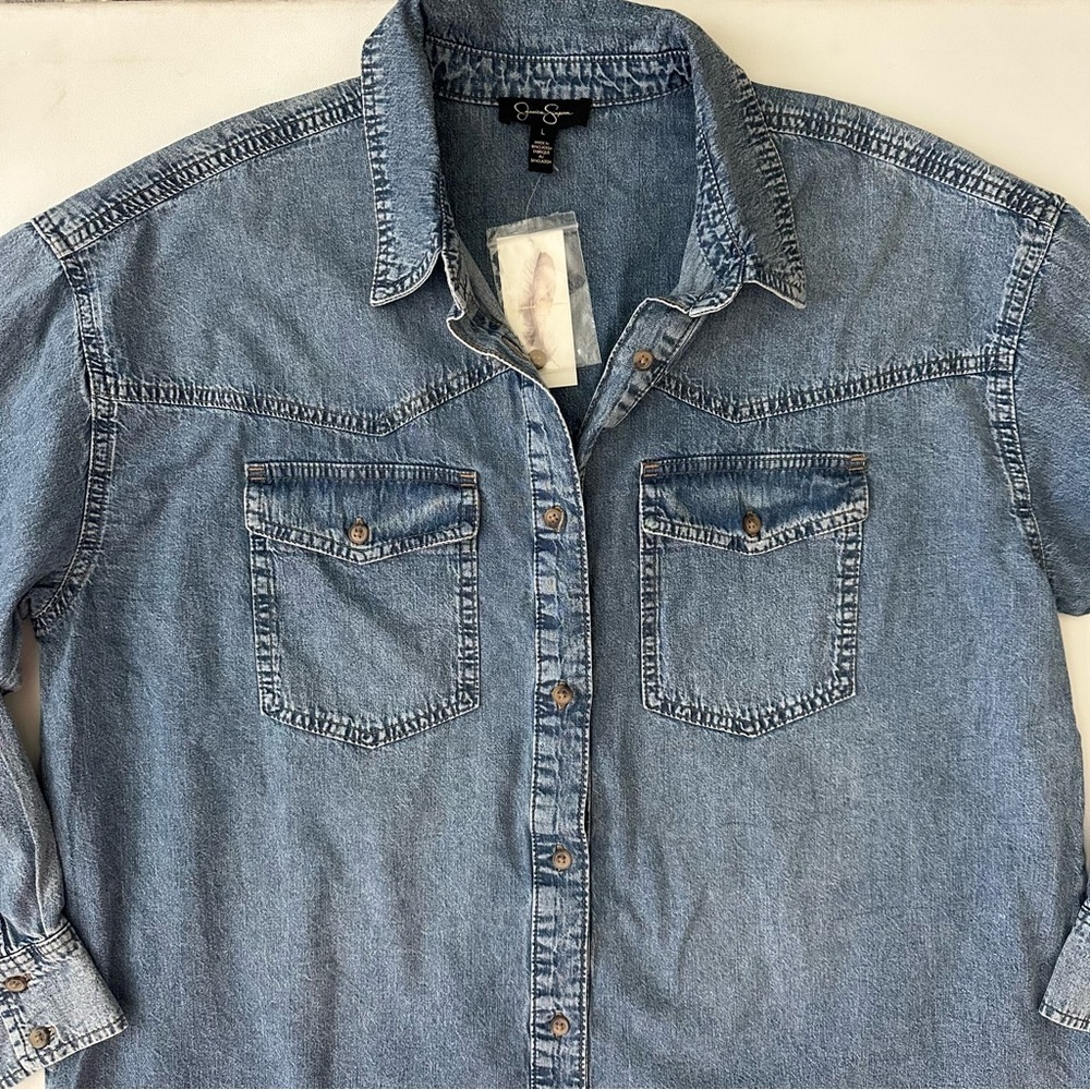 Jessica Simpson Blue Denim Button-Up Shirt Size L - Picture 3 of 14